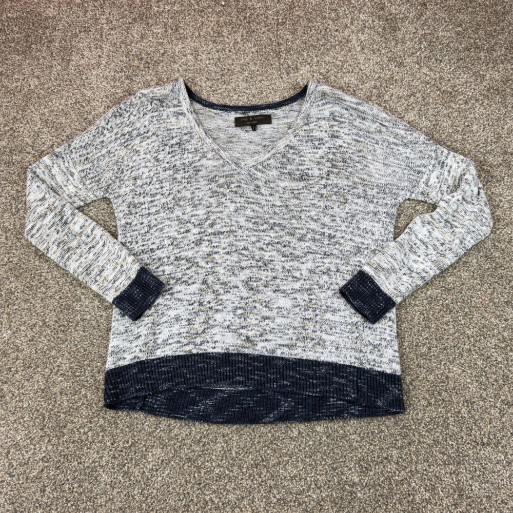 Rag & Bone New York Sweater Womens S V-Neck Marled‎ Knit Gray Navy Lightweight